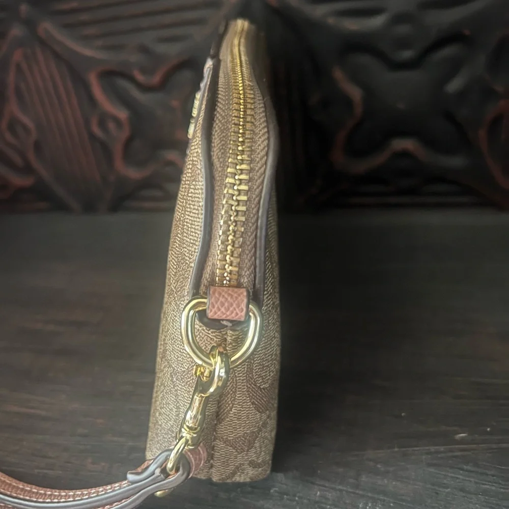 Coach Signature Canvas Wristlet in Pink and Brown with Long Strap